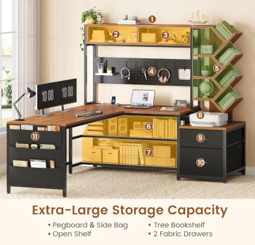 SEDETA L Shaped Office Desk with Drawers and Hutch, Convertible 97.6" Double Computer Desk, Corner Gaming Desk with Storage Shelves, LED Light and Power Outlet, Black and Brown - Image 5