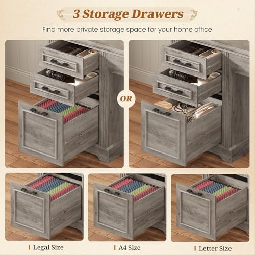 SEDETA Farmhouse L Shaped Desk with Hutch and 3 Drawers, 68.9" Executive Office Desk with File Drawer and Power Outlet, Corner Computer Desk with Storage Shelves for Home Office, Grey - Image 3