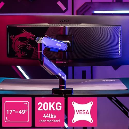 MSI MPG MT201R V2 - Premium RGB Single Monitor Stand Arm, Supports 17-49" Screens and 44 lbs, VESA Compatible, Adjustable Heavy Duty Gas Spring Mount, Clamp & Grommet, Quick Release Plate - Gray - Image 2