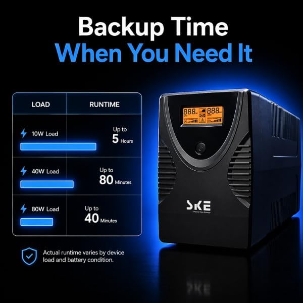 SKE SK850 850VA/480W UPS Battery Backup & Surge Protector - Uninterruptible Power Supply with LCD Display, AVR Voltage Regulation, 6 Outlets, Backup Power for PC, Router, NAS & Home Office - Image 6