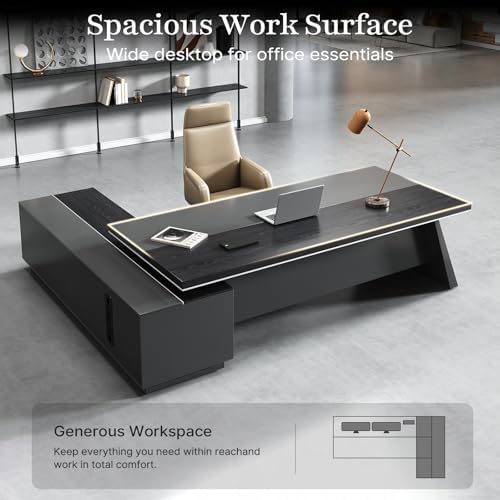 87" L-Shaped Executive Desk, Right-Return Office Desk with Drawers & Storage Cabinet, Large Black Corner Desk with Spacious Desktop for Home Office, Study, Executive Workspace - Image 3