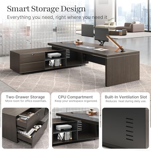 94" L-Shaped Executive Desk with Reversible Return, Large Office Desk for CEO and Manager Office, Power Hub with USB-C HDMI RJ45, 3-Digit Lock Drawer, Storage Shelves and Privacy Panel, Gray Walnut - Image 6