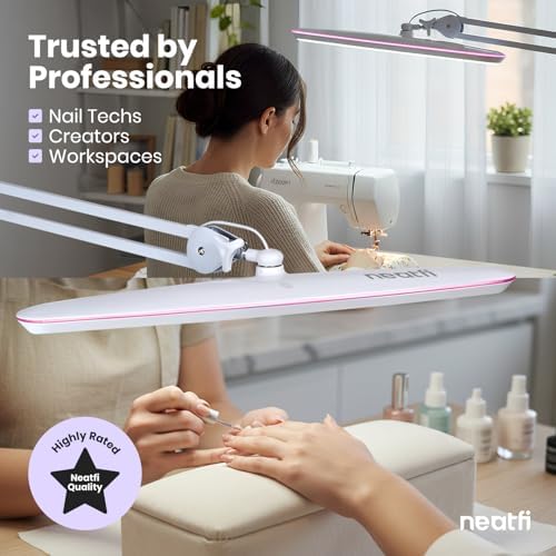 Neatfi XL 2,200 Lumens 24W LED Desk Lamp – 23” Wide Shade | Dimmable Eye-Caring Task Light | Adjustable Arm | Home Office, Study, Crafts & Nail Tech (White with Pink Ring, Non-CCT with Clamp) - Image 4