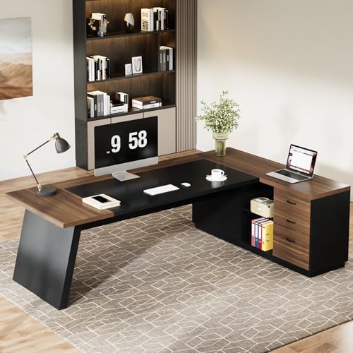 Tribesigns 78" L-Shaped Executive Desk, Large Office Desk with Drawers and File Cabinet, Modern Business Furniture for Home Office (Light Walnut + Black) - Image 5