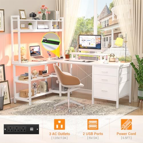 Aheaplus L Shaped Gaming Desk with Hutch, Gaming Desk with Led Lights, Reversible Computer Desk with Power Outlet, Corner Desk with File Drawer & Monitor Stand, Storage Shelves for Home Office, White - Image 4
