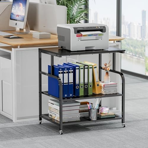 niffgaff Mobile Printer Stand with Large Desktop - 3 Tier Shelf, 24.4 Inch Height, Wooden Organizer for Home&Office, Black - Image 2