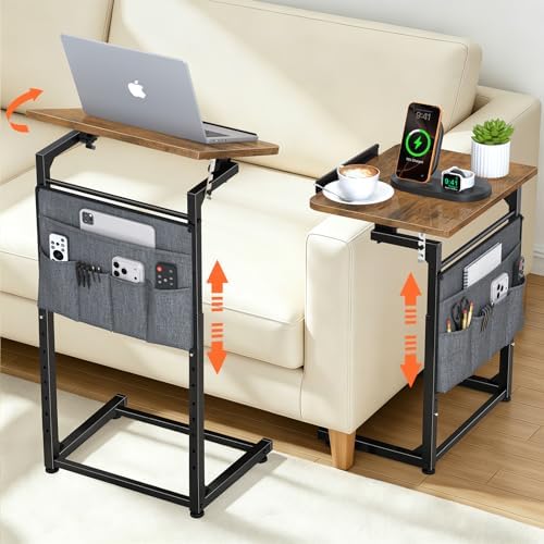 Small C Shaped End Table Set of 2, Slide Under Sofa Adjustable Height Side Table with Tilting Desktop, TV Tray Night stand with Storage Bag, Couch Table for Living Room Bedroom Narrow coffee table by Dataroad+Selead
