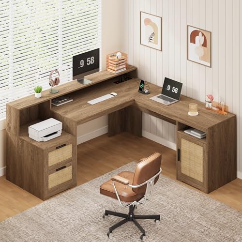 63" Rattan L Shaped Desk with Drawers & Printer Shelf for Home Office by YomiluveDesign