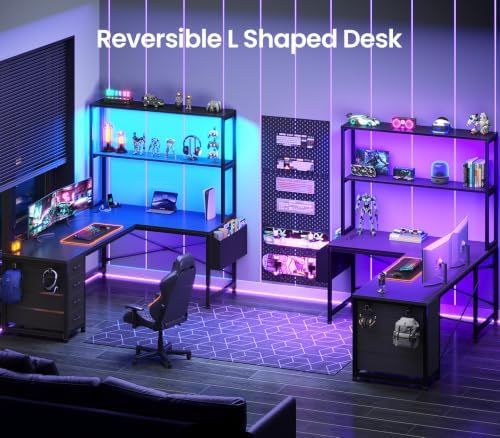 SEDETA L Shaped Gaming Desk, 51.2" Reversible Small Corner Desk with 4 Drawer, Power Outlet & LED Lights, Home Office Desk with Storage Shelves for Small Space, Black - Image 3