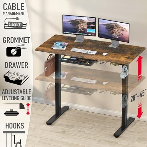 SHW 55 x 28 Electric Height Adjustable Standing Desk w/Drawer,Rustic Brown - Image 4