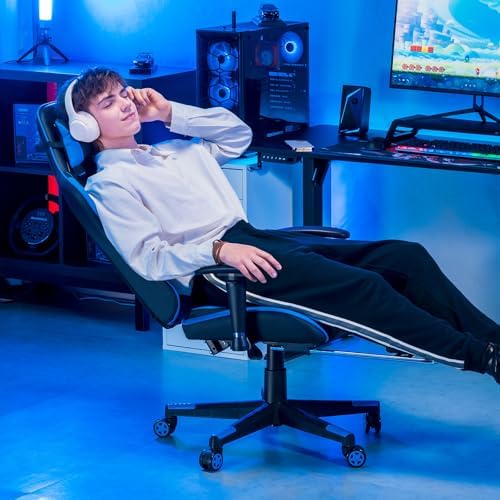GTPLAYER Gaming Chair with Footrest, Ergonomic Computer Game Desk Chair, Reclining Gamer Chair Seat Height Adjustment, Swivel Rocker with Headrest and Lumbar (Blue) - Image 2