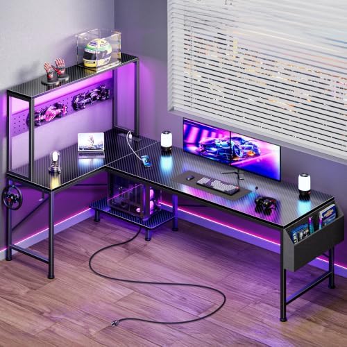 PRAISUN L Shaped Gaming Desk with LED Lights & Power Outlets by PRAISUN