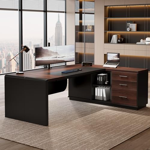 Tribesigns 81'' L-Shaped Executive Desk, Large Modern Office Desk with Drawers and File Cabinet for Home or Business Workspace, Computer Desk with Storage Shelves, Walnut & Black - Image 3