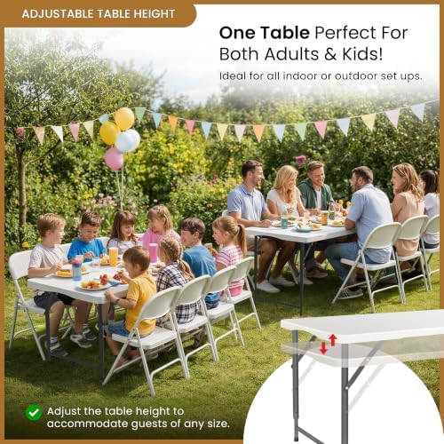 5.5 Feet ADJUSTABLE Foldable Table with Built in Handle & Steel Legs | 5.5FT Heavy Duty Folding Portable | Perfect for Party, Dining, Wedding, Events, Picnic Indoor, Outdoor, Camping, Utility, Folding - Image 3