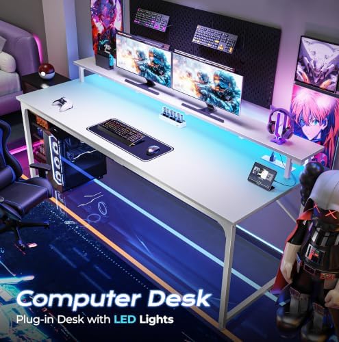 PRAISUN 63 inch Gaming Desk, LED & Power Outlets, Monitor Stand, White - Image 4