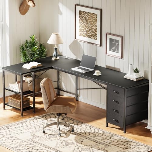 Huuger 63 Inch L Shaped Desk with Fabric Drawers, Reversible Computer Gaming Desk with Power Outlets and USB-C Port, Adjustable Side Storage Shelves, for Work Study Corner Home Office, Black - Image 6
