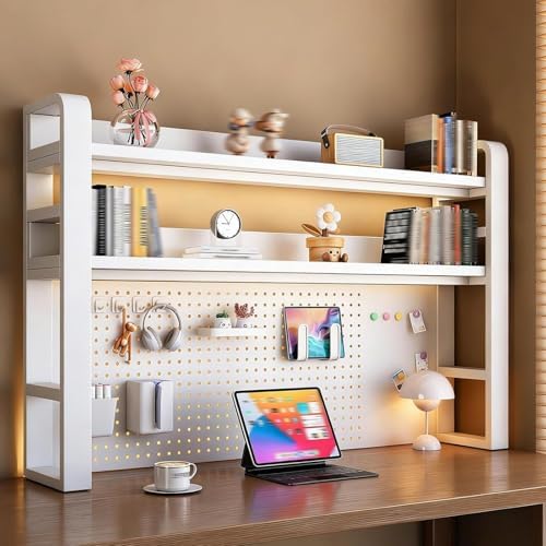 2/3/4 Tier Desktop Bookshelf with Pegboard and Storage Parts, Metal Desktop Organizer Hutch, Desk Shelves for Top of Desk, Shelf Organizer Display Rack for Dorm Home(White,3-Tier L21.6in) by Unknown