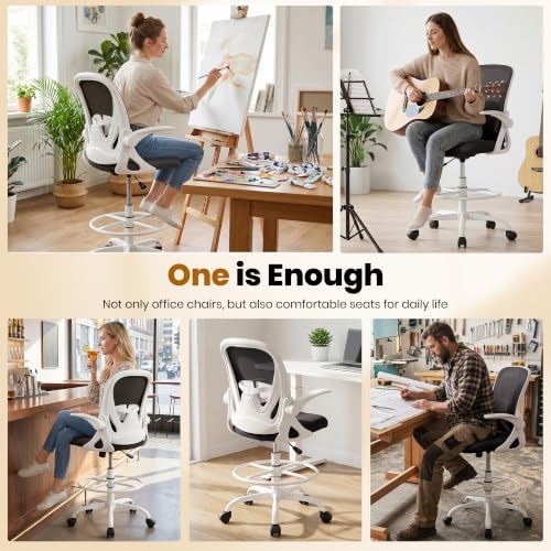 Primy Ergonomic Drafting Chair with Flip-up Armrests Tall Office Chair for Standing Desk Comfortable Desk Chair with Adjustable Footrest Ring and Lumbar Support in Gray Perfect for Home (White) - Image 4