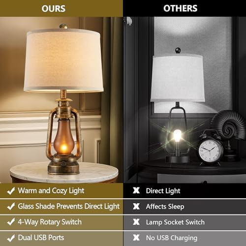 25" Set of 2 Rustic Lantern Table Lamps for Living Room Bedroom, 2 USB Ports Farmhouse Vintage Bedside Desk Lamp Nightlight for Entryway Office End Table, 4 Bulbs Included - Image 2