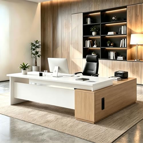 L Shaped Executive Desk with Drawers, Large Wood Workstation, Modern Executive Office Furniture for Home Office and Business Workspace, Multiple Sizes & Colors by Unknown