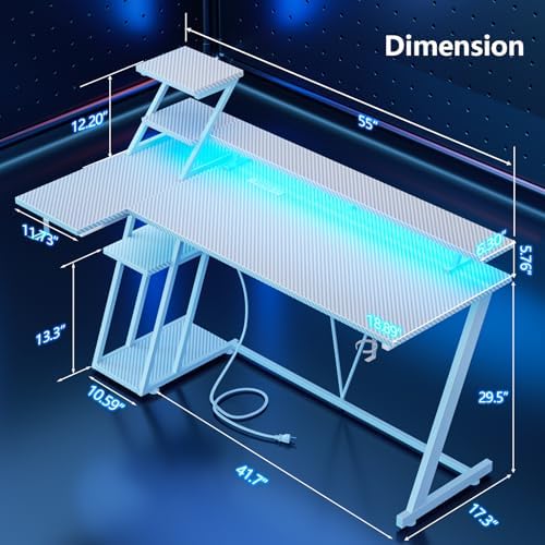 Korfile 55 Inch White Gaming Desk with LED Lights & Power Outlet, Gaming Computer Desk with Storage Shelves, L Shaped Gamer Workstations with Monitor Stand for Bedroom - Image 2