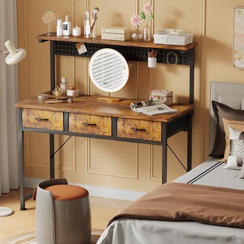 MUTUN Computer Desk with Drawers, 40 Inch Computer Desk with Power Outlet & LED Light, Gaming Desk with Adjustable Monitor Stand & Pegboard, Modern PC Study Writing Table for Bedroom, Rustic Brown - Image 2