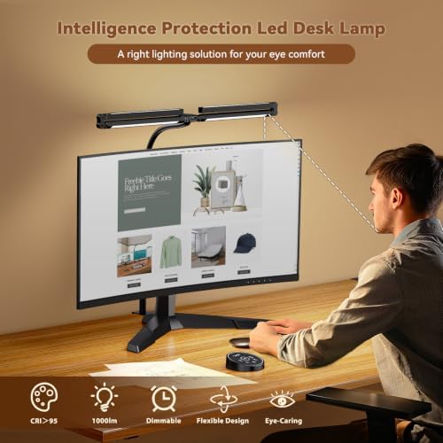 Pzloz Led Desk Lamps for Home Office - Eye Caring Architect Lamp with Clamp, Double Head Computer Monitor Work Desk Light with Remote Control: 24W Flexible Dimmable Desktop Table Lamp - Image 3