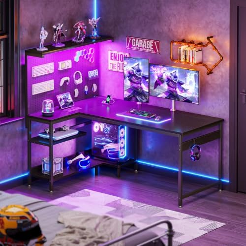 AODK 55" L Shaped Gaming Desk with Pegboard Hutch, LED Lights, Black - Image 3