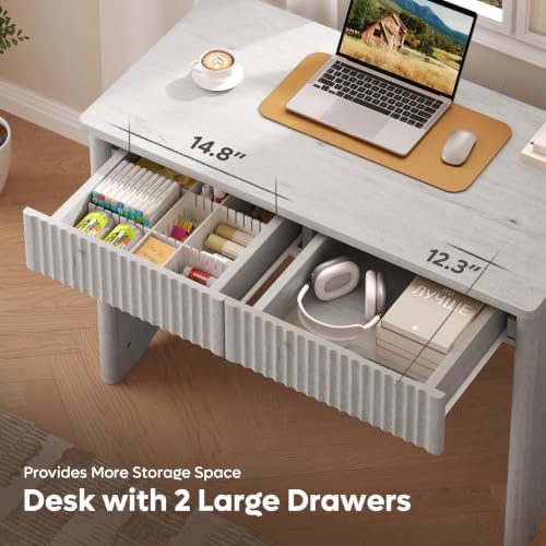Bestier White Oak 40 Inch Fluted Home Office Desk with 2 Drawers for Study - Image 4