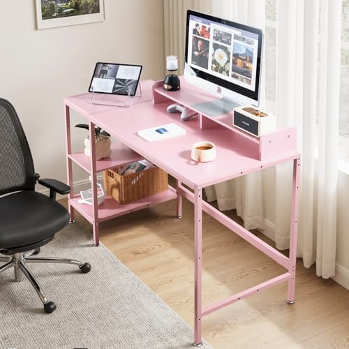 MINOSYS 47-inch Computer Desk with Storage Shelf - Ideal Gaming Desk for Bedrooms, Small Spaces, and Home Offices Modern Writing Desk for PCs,Pink Table. - Image 4