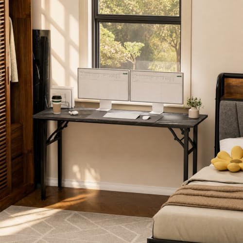 Folding Table Computer Desk - 55.1" No Assembly Folding Desk Design and Foldable Office Desk, Small Desk for Bedroom, Compact Storage Portable Use for Dorm and RV Small Space, Marble Greige - Image 2