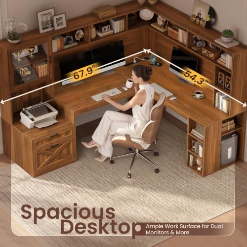 SEDETA Farmhouse 68" L Shaped Office Desk with Hutch, Storage Drawers - Image 5