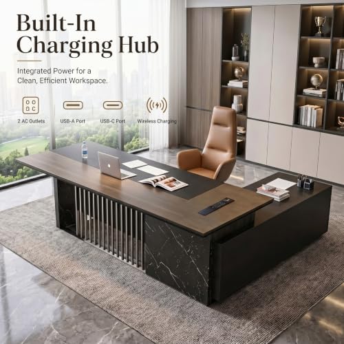 86.6” Luxury Executive Desk, L Shaped Office Desk with Storage & Wireless Charging, Marble Texture Modern CEO Desk with 304 Stainless Steel Grille, for CEO Office & Designer Home Office (Right) - Image 5