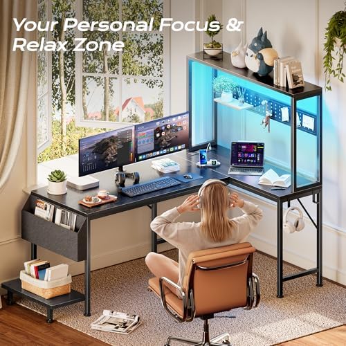 PRAISUN L Shaped Gaming Desk with LED Lights & Power Outlets - Image 6