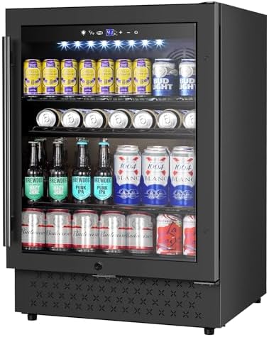 FoMup Beverage Refrigerator 24 Inch 200 Can Drink Fridge with Glass Door, Under Counter/Freestanding Beverage Cooler with Temperature Control, Reversible Door, Quick Cooling for Beer Soda Wine, Black by FoMup
