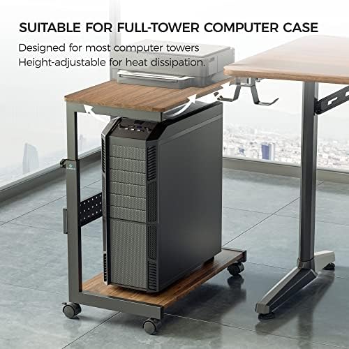 EUREKA ERGONOMIC PC Stand Computer Cart, Height Adjustable Tower Stand 2-Tier Suit for ATX Case Printer, Metal Rolling Cart on Wheels for Gaming Home Office, Walnut - Image 5