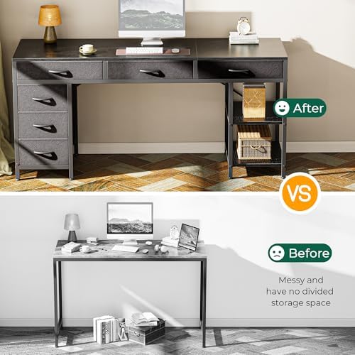 Huuger Computer Desk with 6 Drawers, Office Desk with Shelves, Reversible Gaming Desk, Corner Desk with Storage, Work for Home Office, Study, Living Room, 63inch, Black - Image 6