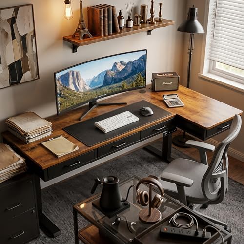 OffiGo 63 Inch L Shaped Electric Standing Desk with 4 Drawers, Rustic Brown - Image 2