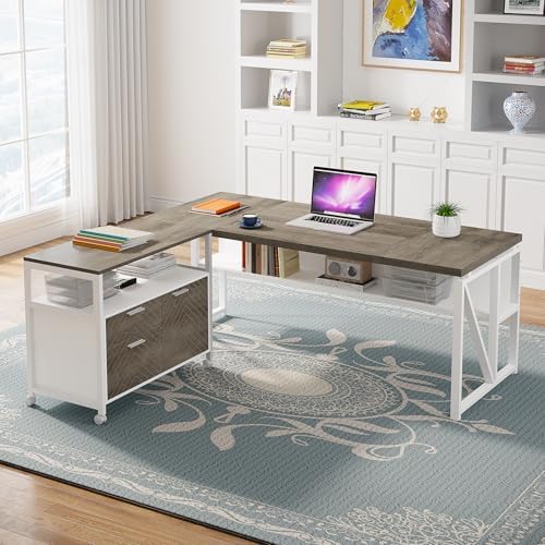 Tribesigns L Shaped Desk with Drawer Cabinet, 63" Executive Computer Desk and lateral File Cabinet, 2 Piece Home Office Furniture with Drawers for Hanging File, Doors with Locks (Dark Oak, 63-inches) - Image 4