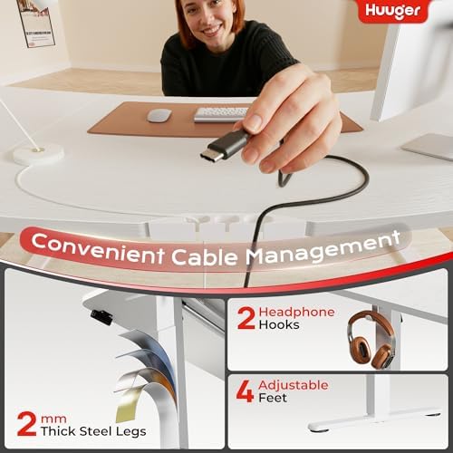 Huuger 63 X 24 Inch Electric Standing Desk with Power Outlets and USB-C Port, Height Adjustable Desk, Sit Stand Desk for Home Office, Computer & Gaming Desk with 3 Presets, Stable Steel Frame, White - Image 6