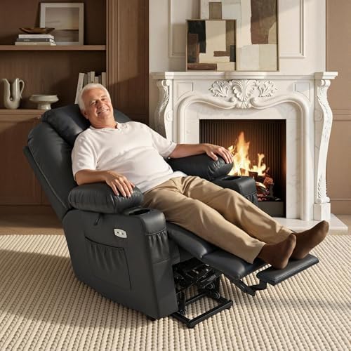 MCombo Large Power Lift Recliner Chair with Massage and Heat for Tall Elderly People, 3 Positions, Cup Holders, and USB Ports, Faux Leather 7516 (Large, Black) - Image 2