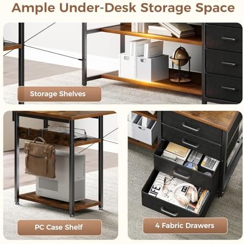 AODK 61 Inch L Shaped Computer Desk with 4 Drawers, LED Lights, Vintage - Image 5