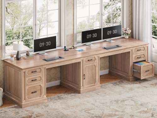 SEDETA Farmhouse 110.3" Two Person Desk with 7 Drawers, Long Computer Desk with Storage Cabinet, 2 Person Desk with Power Outlets for Home Office, Oak by SEDETA