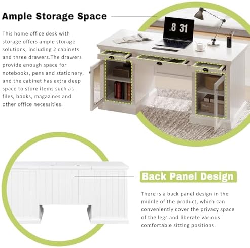67" Large Executive Office Desk, Modern White Wood Office Computer Desk, Rectangle Home Office Desk with 2 Wooden Doors Storage Cabinet and 3 Drawers, Writing Table,Workstation (White+Glass, 67") - Image 5