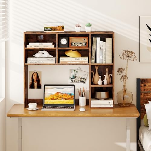 LDAILY Desktop Bookshelf, 37’’ Wood Desk Shelf with 7 Cubes & 3 Adjustable Shelves, 3-Tier Desk Display Rack, Desk Hutch for Dorm College Office Computer Monitor Up to 27’’ (Rustic Brown, 7 Shelves) by LDAILY