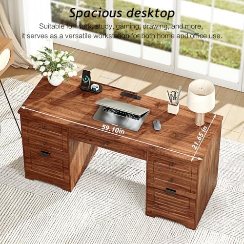 Ieejdn 59" Home Office Desks, Executive Desk, Farmhouse Computer Desk with 7 Drawers and Charging Station, File Drawer, Rustic Computer Writing Desk,Antique Chestnut - Image 6