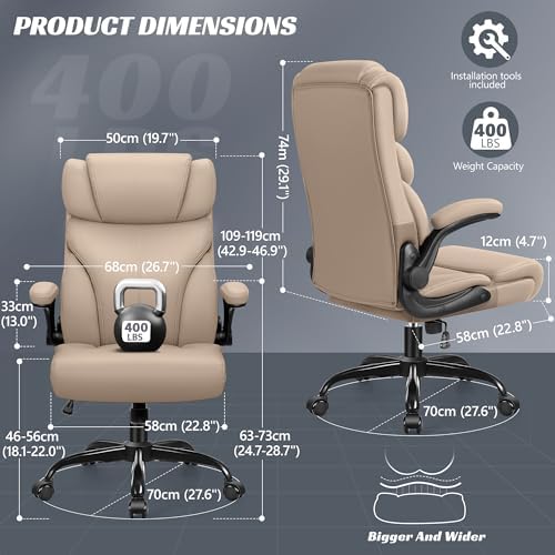HeroSet Office Chair, Ergonomic Big and Tall Computer Desk Chairs, Executive Breathable Leather Chair with Adjustable Flip-up Armrests, Lumbar Support Swivel PC Chair with Rocking Function,Khaki - Image 2