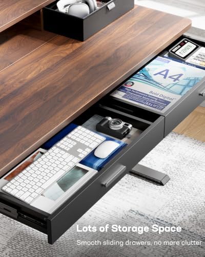 HUANUO 55 x 30 inch Electric Standing Desk with 2 Wood Drawers, Adjustable Height Sit Stand Desk for Home Office, Ergonomic Stand up Desk with 4 Memory Presets, 176 lbs Capacity, Walnut Top - Image 4