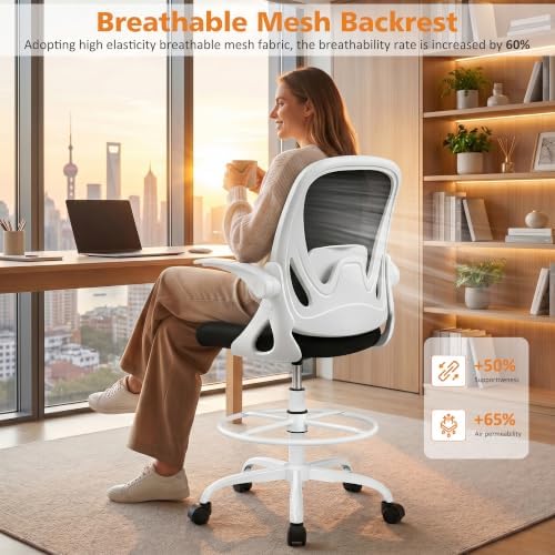 Drafting Chair Tall Office Chair with Flip-up Armrests, Adjustable Height, and Enhanced Lumbar Support - Ergonomic Rolling Stool, Back Support, and Adjustable Foot Rest Ring for Standing Desk White - Image 6