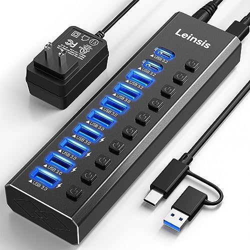 Powered USB Hub 3.2, LEINSIS 10-Port USB 3.2/USB C Hub (10Gbps USB-A 3.2 +2 USB-C 3.2 +7 USB 3.0 Ports) with Individual On/Off Switches and 12V Power Adapter, Aluminum USB Hub Powered for Laptop PC by LEINSIS